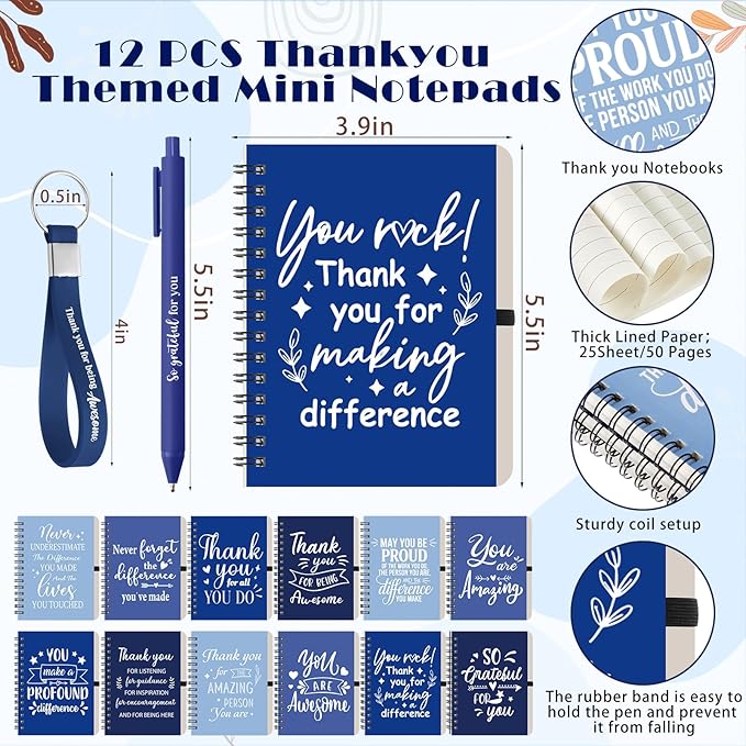 Skylety 12 Set/48 Pcs Employee Appreciation Gifts Bulk Christmas Thank You Gift Set 16 oz Coffee Cups Mini Spiral Notebooks Pens Keychains for Staff Team Teacher Coworker (Blue Gradient)