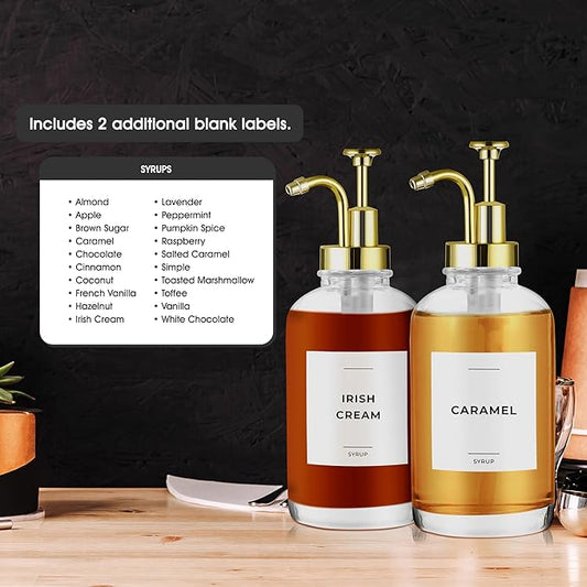 Coffee Syrup Labels for Bottles, Syrup Dispensers - 2.5" x 2.5" Waterproof & Durable PVC Stickers - Modern Coffee Bar Essentials for Home, Kitchen, Beverage Station - Minimalist White, 22pcs