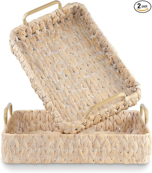 Set of 2 Rectangular Wicker Trays with Handles - Decorative Trays for Coffee Table, Ottoman, Dining Room, Living Room (White)
