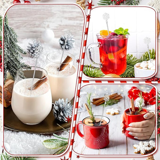 20 Pack Winter Snowflake Drink Stirrers Hot Cocoa Bar Chocolate Supplies Cocktail Stir Sticks Metal Swizzle Sticks 7.9 Inch Snowflake Coffee Stirrers Reusable for Winter Party Decor