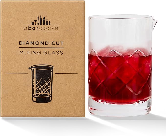 A Bar Above Cocktail Mixing Glass, Diamond Cut Enhanced Annealed Lead-Free Crystal Stirring Pitcher, Thick Weighted Base for Stable Stirring, 18 Oz Drink Mixer for Craft Cocktails at Home or Bars