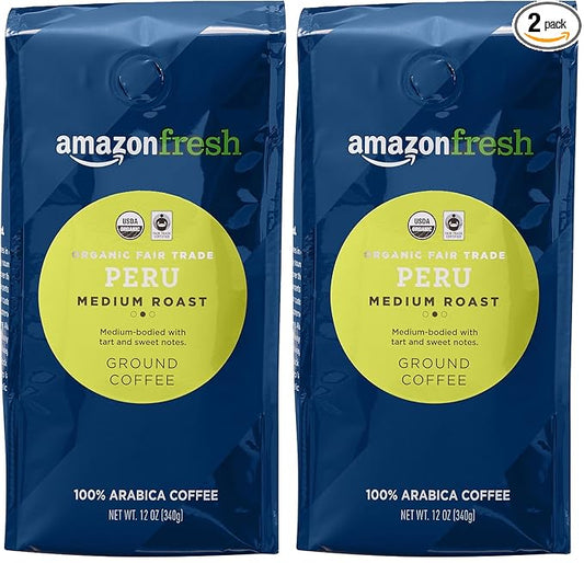 AmazonFresh Ground Coffee, Medium Roast | Organic | Fair Trade Peru | 12 Ounce | Pack of 2