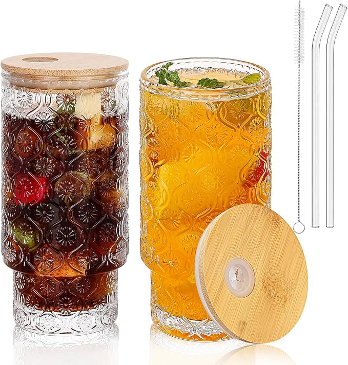 Vintage Glass Cups With Bamboo Lids And Straws 16 Oz,Vintage Tumbler Embossed Floral Glass Cups Set For Whiskey Cocktail, Beer, Iced Coffee Cups, 2pack