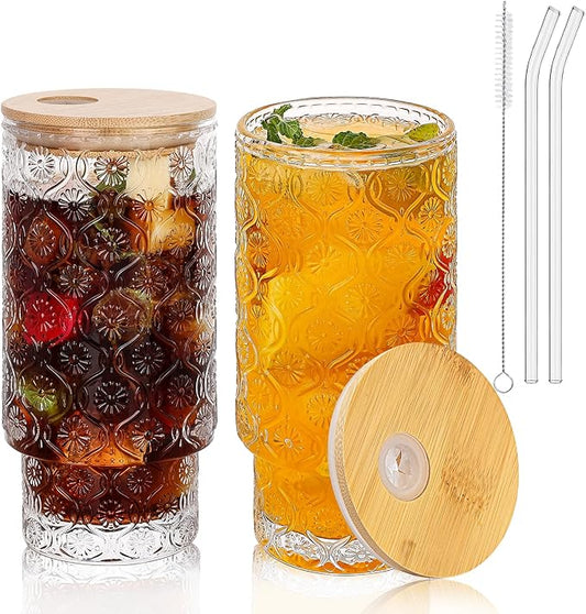 Vintage Glass Cups With Bamboo Lids And Straws 16 Oz,Vintage Tumbler Embossed Floral Glass Cups Set For Whiskey Cocktail, Beer, Iced Coffee Cups, 2pack