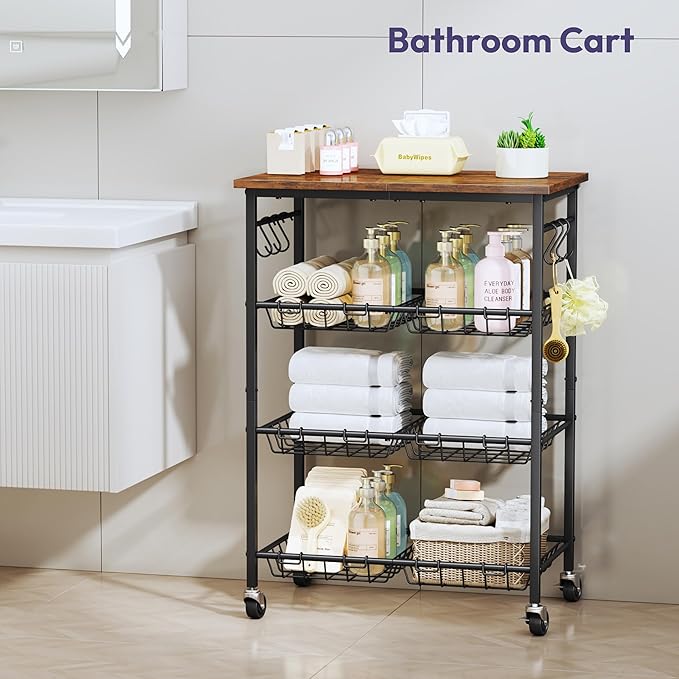 SWTYMIKI Rolling Kitchen Storage Cart - 4 Tier Microwave Table Stand with 6 Storage Baskets, Coffee Bar with Wheels, Kitchen Utility Cart Shelf Rack Organizer for Fruit, Vegetables, Potato (Brown)