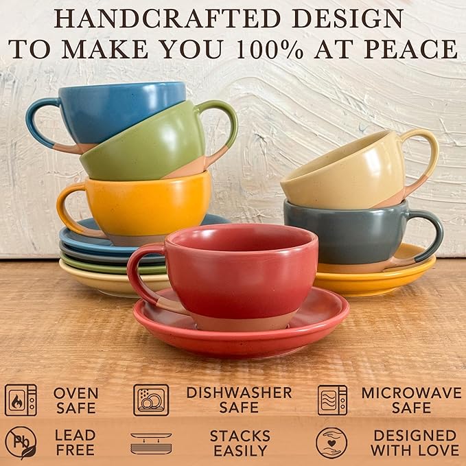 MORA Ceramic Latte Art Mug With Saucer - 10.5 oz, Round Bottom For Perfect Pours - Cafe Cups for Cappuccino, Espresso, Coffee, Tea etc - Porcelain Set for Baristas, Great Gift - Crimson Red