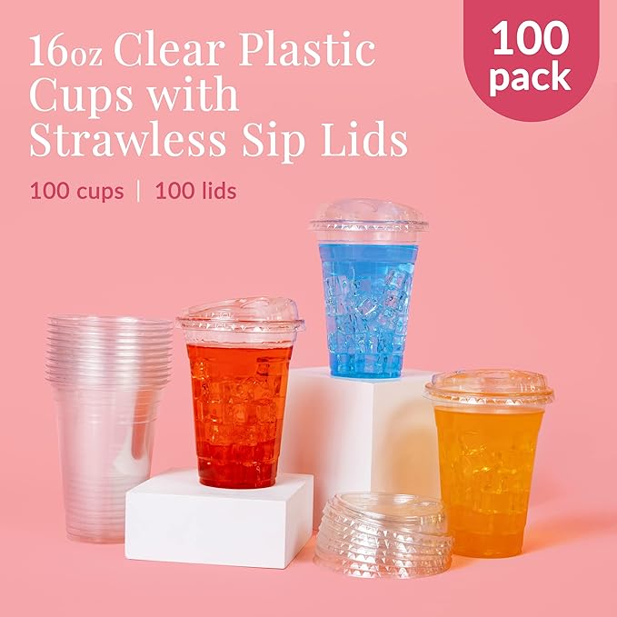 Prestee 100 Clear Disposable Iced Coffee Cups with Lids, 16oz - Plastic Cups with Strawless Sip Lids - Durable Cold Brew, Smoothie, or Beverage Cup for On-the-Go, Christmas and Holiday Party Supplies
