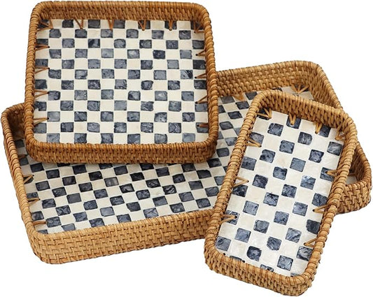 Set of 3 Rattan Serving Trays, Rectangle Tea Coffee Tray with Mother of Pearl Inlay, Natural Decorative Wicker Basket for Home Decor, Bathroom, Kitchen Counter