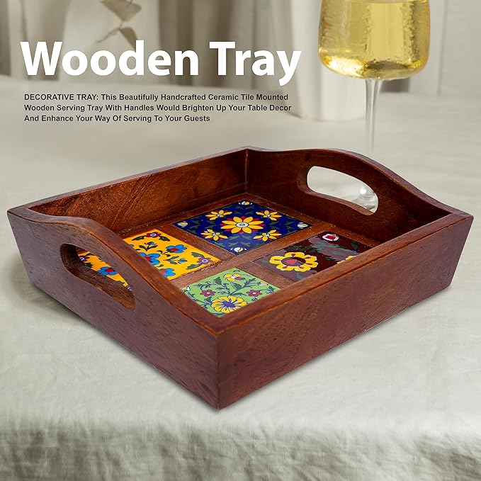 Craft Trade Mango Wood Serving Tray with Handle and 4 Fitted Floral Ceramic Tiles Wooden Platters Perfect for Breakfast Tea Coffee Snacks Dinner 23x23x8 cm Square