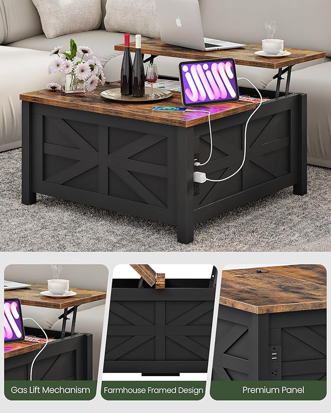 31.5" Lift Top Coffee Table, Farmhouse Coffee Table with Charging Station and Storage, 2 AC Outlets and 2 USB Ports, Black and Rustic Brown MKF02UBFN1
