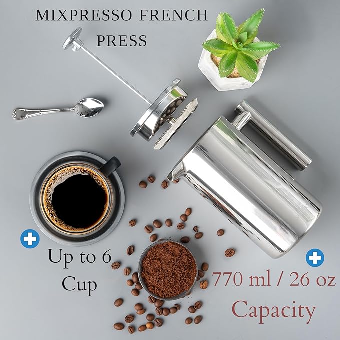 Mixpresso Stainless Steel French Press Coffee Maker 27 Oz 800 ml, Double Wall Insulated French Press Stainless Steel, Easy Clean Tea Brewer, Easy Press Durable Metal Coffee Press