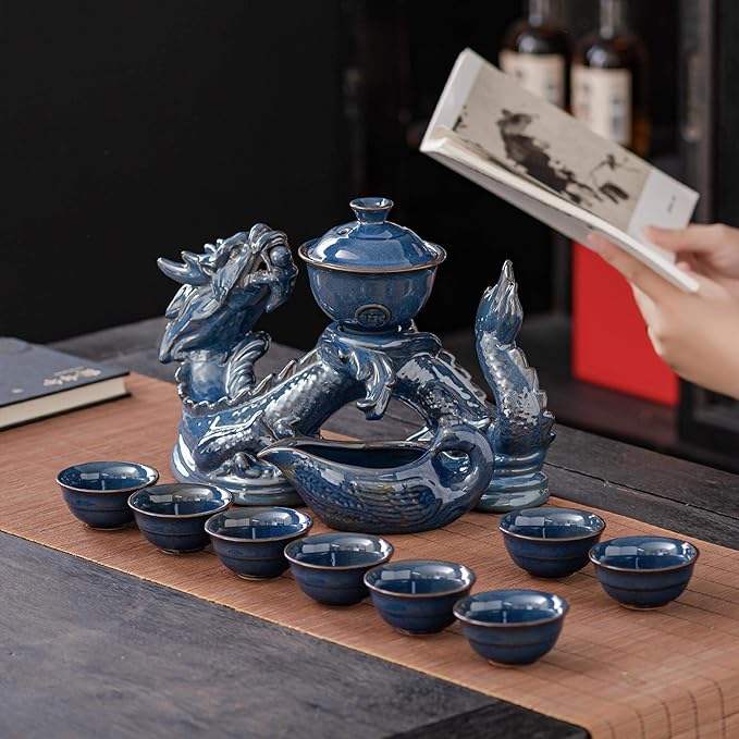 Ceramic Teapot with Infuser Semi Automatic Tea Set Magic Teapot with 8 cups Gradient Color (Blue Dragon- A)