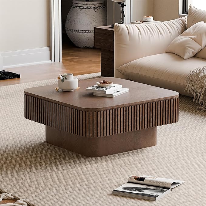 SZTHHDF Square Coffee Table for Living Room,Fluted Drum Accent Tea Center Table with Storage,Solid Wood Modern Coffee Tables for Small Space Office Apartment (31.5" L×31.5''W×14''H-Walnut)