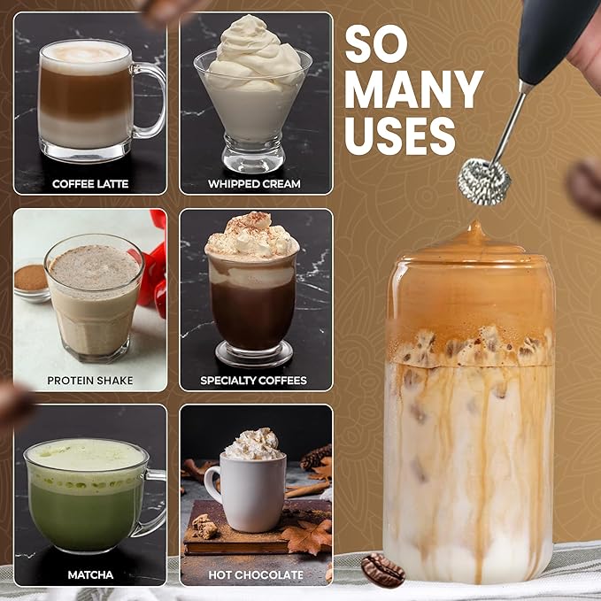 Cafe le Rou Milk Frother Handheld Battery Operated -* DOUBLE WHISK * with Stand. Batteries included. Electric Foam Maker, Drink Mixer with Stainless Steel Whisk
