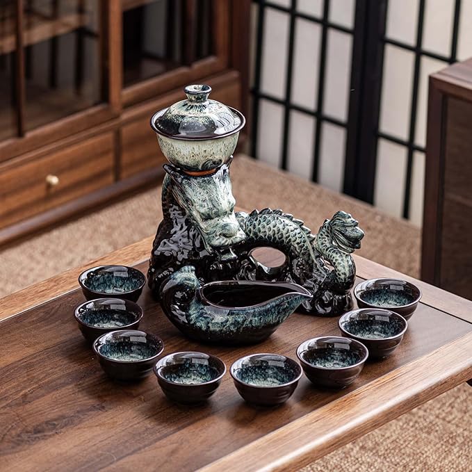 Ceramic Teapot with Infuser Semi Automatic Tea Set Magic Teapot with 8 cups Gradient Color (Gradient Dragon- C)