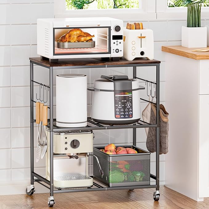 Abiglifty 3-Tier Rolling Kitchen Cart, Microwave Cart with Lockable Wheels, Kitchen Utility Cart, Mobile Microwave Stand with Storage for Living Room, Office, Balcony, Bathroom, Black