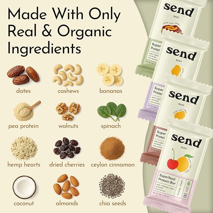 Send Bars Plant-Based Vegan Healthy Protein Bars, With Greens (Peanut Butter, 8 Bars) – Only Real Ingredients, Zero Added Sugar, Gluten-Free, Dairy-Free