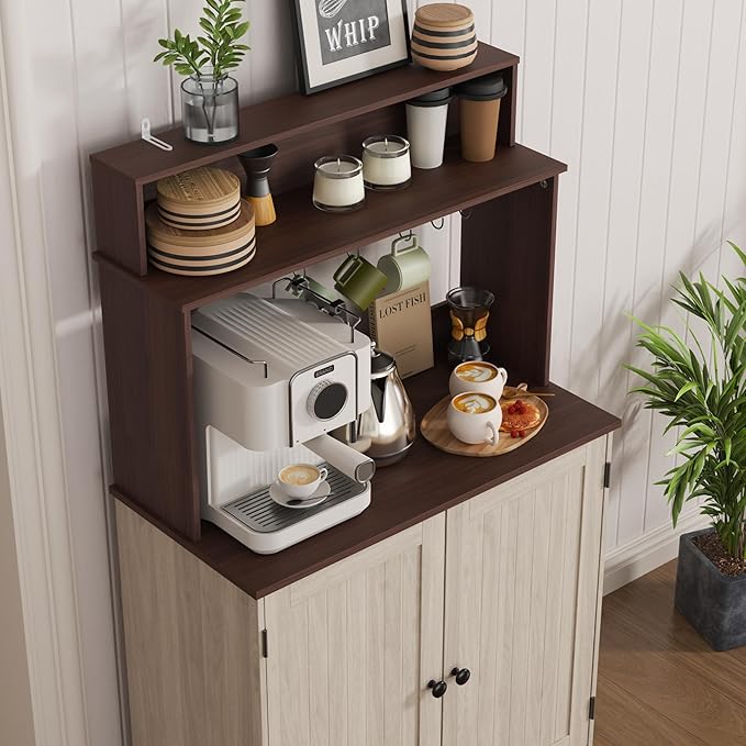 MHOM Farmhouse Bar Cabinet with Storage, Coffee Station Cabinet with 5 Hooks, Small Coffee Bar for Kitchen & Living Room, Antique Oak