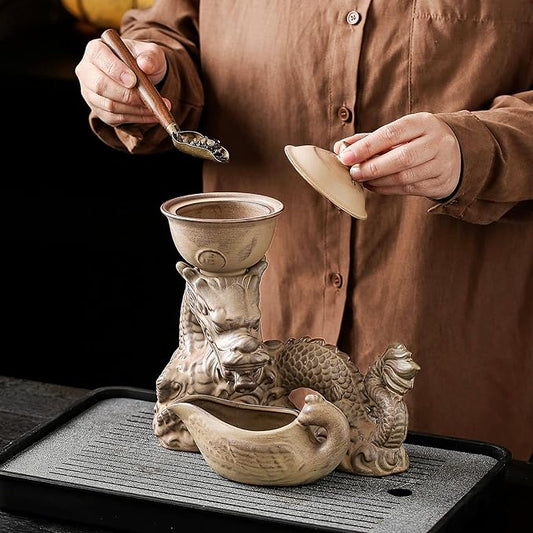 Ceramic Teapot with Infuser Semi Automatic Tea Set Magic Teapot with 8 cups Gradient Color (Retro Dragon- C)