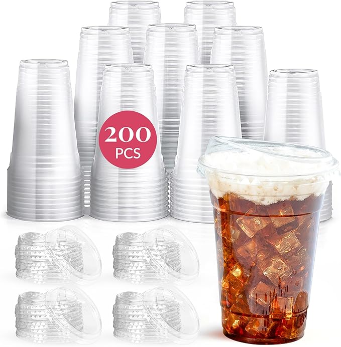 Prestee 200 Pack 16 oz Clear Plastic Cups - PET Plastic Cup Set for Weddings and Parties - Durable Disposable Cups for Drinks, Water, Beer and Cocktails - Clear and Crisp Party Glasses in Bulk