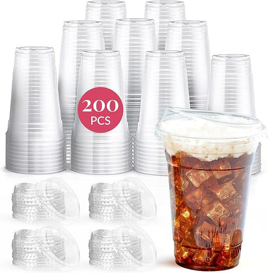 Prestee 200 Pack 16 oz Clear Plastic Cups - PET Plastic Cup Set for Weddings and Parties - Durable Disposable Cups for Drinks, Water, Beer and Cocktails - Clear and Crisp Party Glasses in Bulk