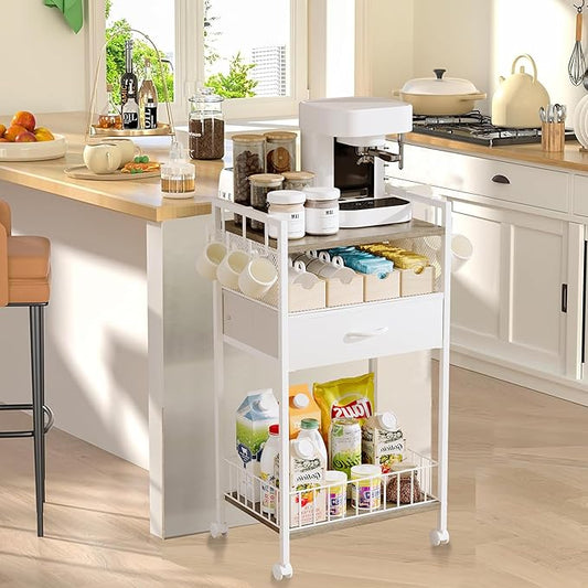 Small White Coffee Bar Cart with Drawer Storage,Office Coffee Bar Station Mug Cup Holder Stand, 3-Tier Coffee Table for Home Buffets & Sideboards for Kichen, Entryway, Living Room