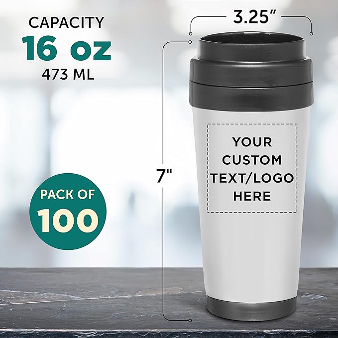 Custom Insulated Stainless Steel Travel Mugs 16 oz. Set of 100, Personalized Bulk Pack - Perfect for Iced Coffee, Soda, Other Hot & Cold Beverages - Stainless Steel