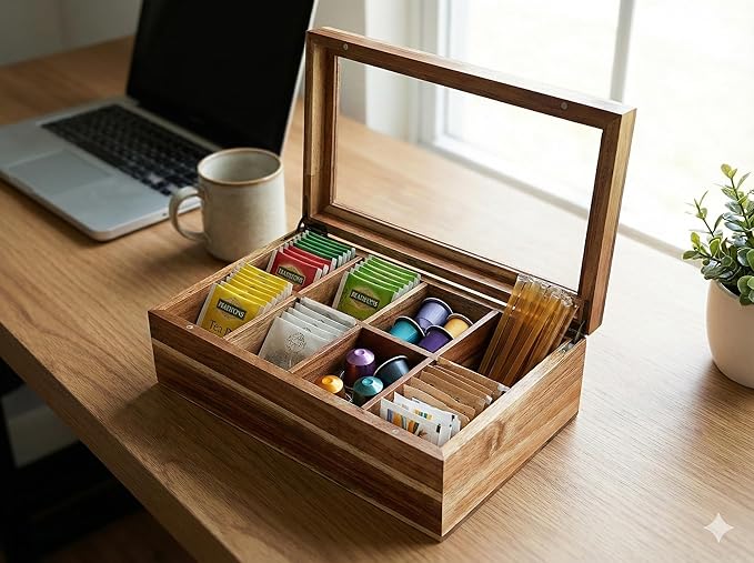 Acacia Wood and Bamboo Tea Bag Organizer - 4 & 8 Compartment Tea Box for Countertop - Tea Station & Coffee Bar Accessories - Fits Large & Craft Tea Bags (Bamboo, 8 Compartment)