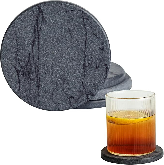 Stone Coasters for Drinks, Set of 4 (Dia. 4 in), Quick Absorbent Diatomaceous Earth Coaster with Aesthetic Marble Pattern, Desk & Coffee Table Decor, House Warming Gifts New Home - Dark Grey