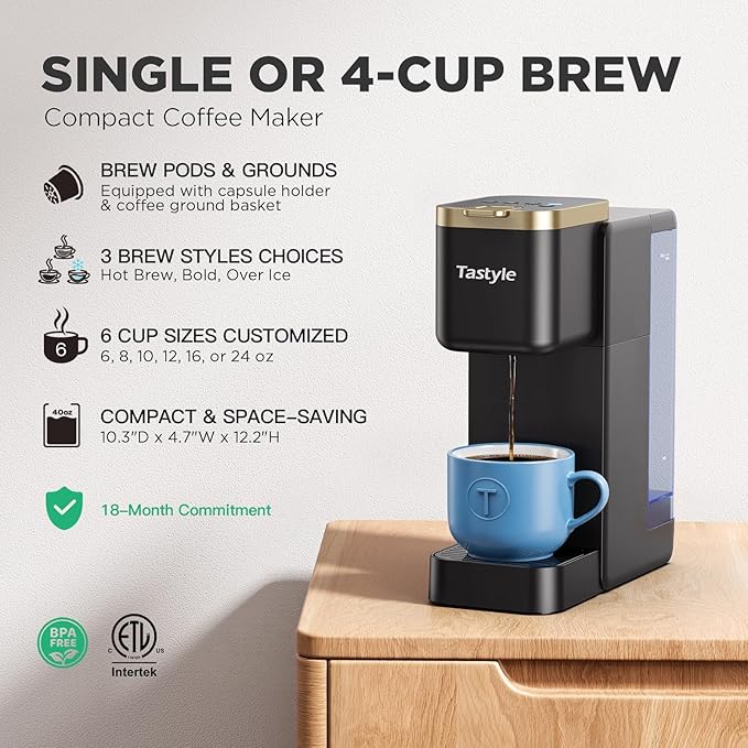 Tastyle Single Serve Coffee Maker, Iced and Hot Coffee Machine for K Cup & Grounds, Compact Design, 40oz Removable Water Reservoir, 6 to 24 Oz Brew Sizes, Fits 7.3" Travel Mug, Black+Gold