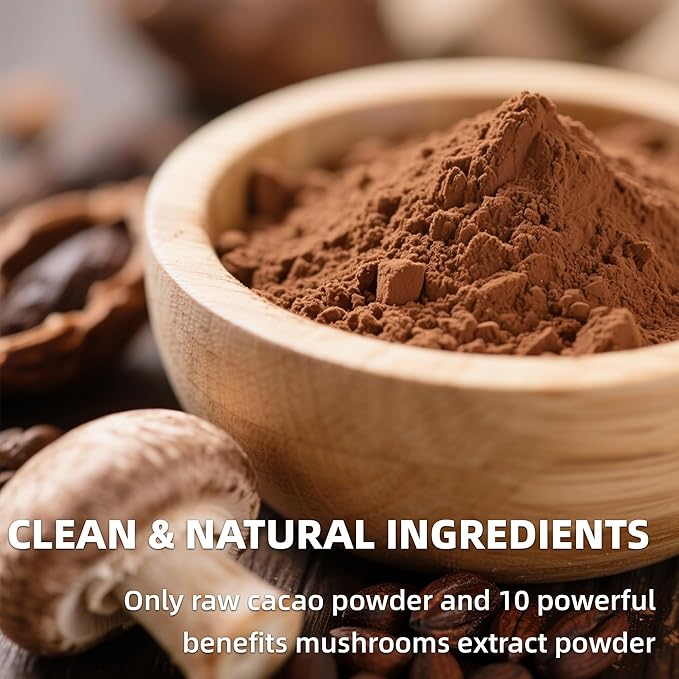 Mushroom Cacao Mix, Organic Raw Cacao with 10 Mushrooms Powder, Non-GMO, Vegan, Gluten Free, Unsweetened Hot Chocolate Natural Supplement, 3.53oz