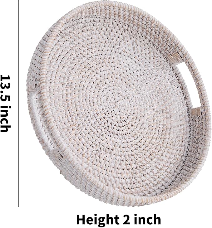 Round Rattan Serving Tray,Hand-Woven Tray with Handles, Ottoman Decorative Coffee Table Tray,Wicker Storage Basket for Tea,Fruit,Bread (Whitewash, 13.5")