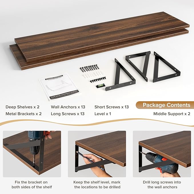 Deep Floating Shelves Wall Mounted, 48"x12" Walnut Wall Shelves with Brackets Set of 2 for Bedroom, Living Room, Bathroom, Kitchen, Office - Storage & Display Shelf for Decor, Books, Plants