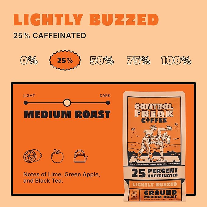 Control Freak Coffee Lightly Buzzed – 25% Caffeine Ground Coffee (32 Oz) | Low Caffeine Coffee with Smooth, Full Flavor for Jitter-Free Energy | Sugarcane Decaf, Freshly Roasted Coffee Beans