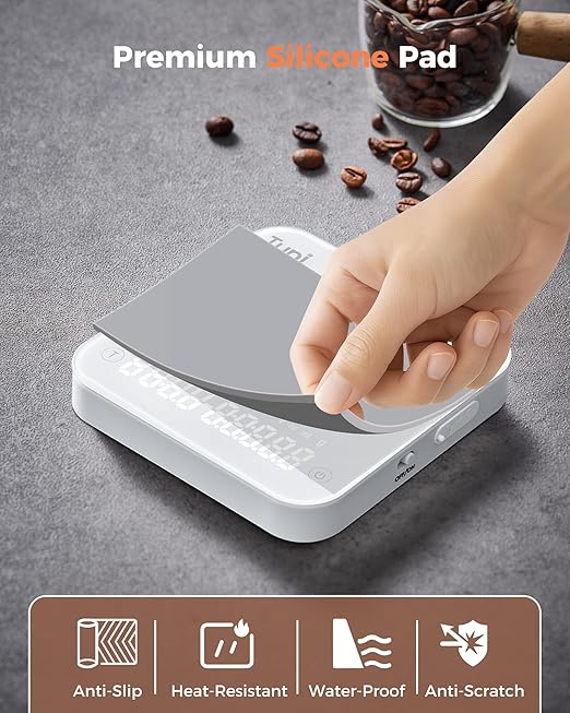 Tuni Rechargeable Mini Coffee Scale with Timer, 2kg/0.1g Accurate Espresso Scale for Espresso and Pour-Over Coffee, Portable Digital Kitchen Scale with Automatic Timing, White