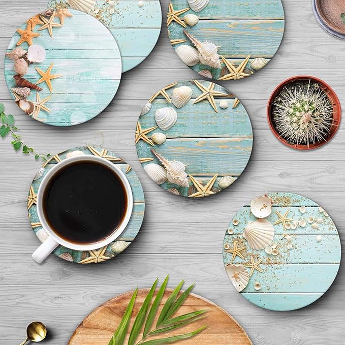 Britimes Coaster for Drinks Set of 6, Beach Seashells Wooden Nautical Wood Sand Table Coastal Absorbent Round Ceramic Stone Mat, with Cork Base and Metal Holder, Gift for Housewarming Room Bar Decor
