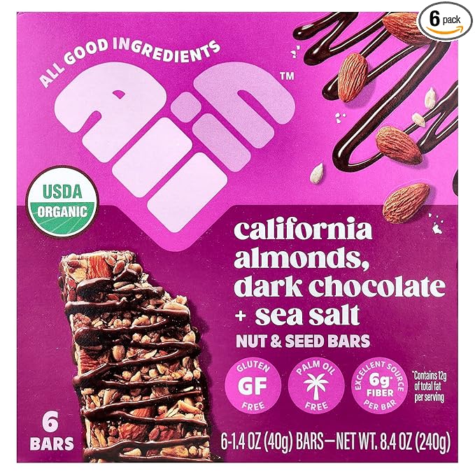 All In Snack Bars California Almond, Dark Chocolate + Sea Salt - Healthy Snack for Adults and Kids - Gluten Free - Organic - Non-GMO (6 Pack)