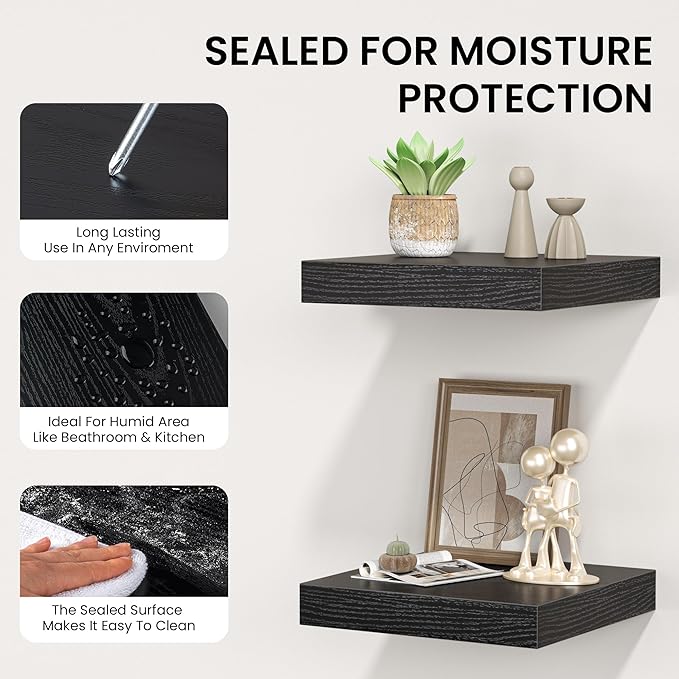 Square Floating Shelves for Wall, 7.5" W x 7.5" D x 1.4" H, Small Wooden Wall Mounted Display Shelf with Invisible Brackets for Living Room, Bathroom, Kitchen Decor, Set of 4, Black