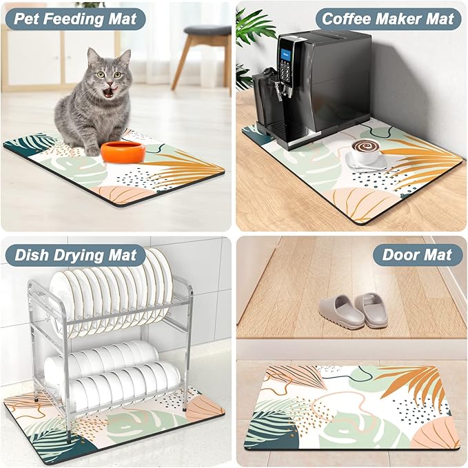 Rnivvi Coffee Mat, 12" x 19" Cute Boho Theme Coffee Bar Mats for Espresso Machine Station Accessories and Organizer, Hide Stain Rubber Backed Absorbent Dish Drying Pad for Kitchen Counter, Tropical