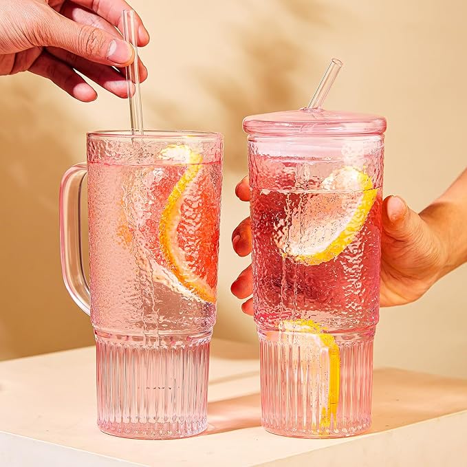 Glass Cups with Lids and Straws,24oz Glass Tumbler with Handle Iced Coffee Cup for Coffee,Juice,Tea,Milk,Smoothie,Hot & Cold Drinks (Pink)