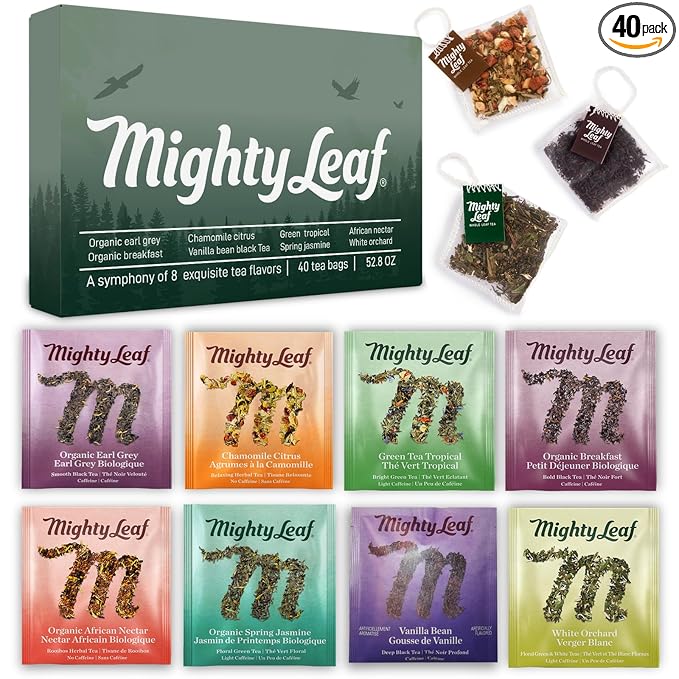 Mighty Leaf Organic Tea Sampler – 40 Count Silken Tea Bags – 8 Assorted Flavors: Tropical Green, Chamomile Citrus, Earl Grey, Vanilla Bean, White Orchard, Breakfast, Spring Jasmine, African Nectar – Premium Tea Gift Box