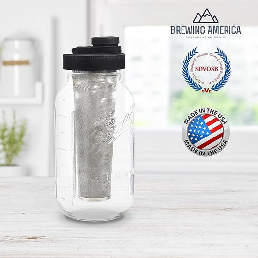 Brewing America Mason Jar Cold Brew Coffee Maker Infuser: Made in USA Wide Mouth Mason Jar with Screw Top Pour and Drinking Lid, Stainless Steel Filter - Coffee, Tea, Alcohol - 2 Quart 64 oz Black Lid