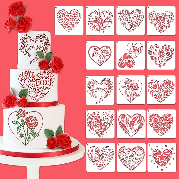 Valentines Day Cake Stencils Kit Reusable Cookie Coffee Stencil Drawing Template for Dessert Buttercream Painting Envelopes DIY Crafts Wall Floor Decor (16 Pcs Heart)