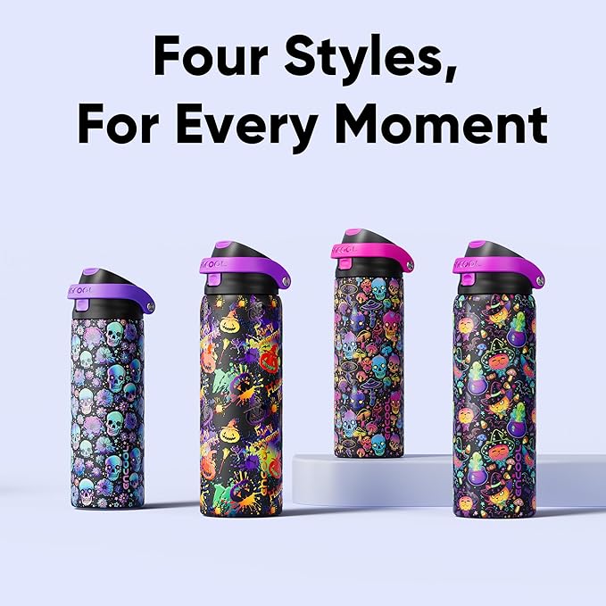 Encool SwiftSip Insulated Stainless Steel Water Bottle with Straw - Leak Proof Sports Water Bottle for School, Travel, Keeps Cold All Day, One-Touch Flip Lid, BPA-Free, 24 oz, Trippy Skulls
