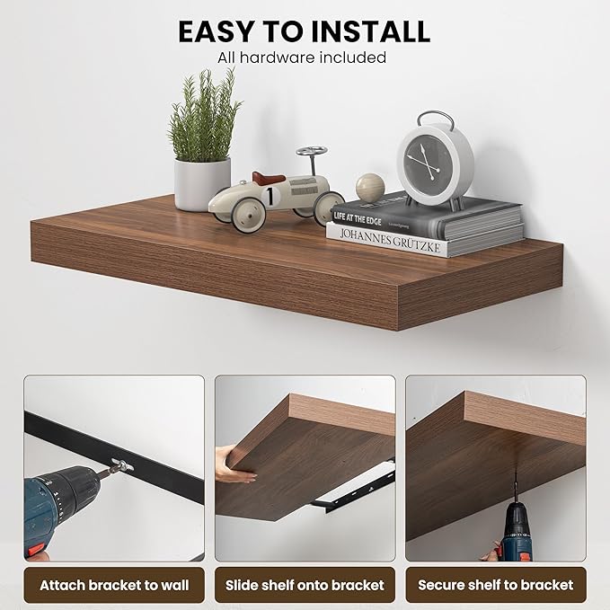 Dreamland 48" Floating Shelves for Wall, 12" Deep Thicker Walnut Floating Shelves, Wall-Mounted Shelves for Bedroom, Living Room, Kitchen, Bathroom - Set of 2