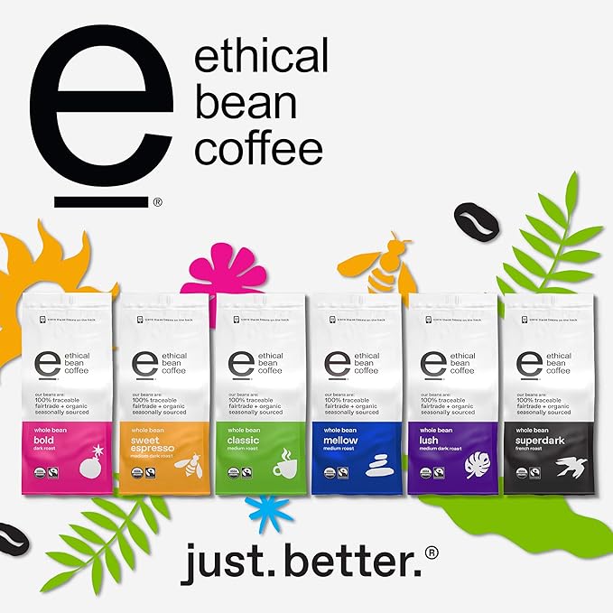 Ethical Bean Fairtrade Organic Coffee, Whole Bean Espresso Coffee (12 Oz Bag), Sweet Espresso Medium Dark Roast, 0.75 Lb