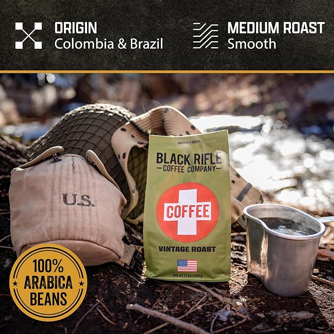 Black Rifle Coffee Company Vintage Roast, 12oz Bag, Ground Coffee Medium Roast - Roasted Blend Made from Arabica Beans - Colombian & Brazilian Beans - Veteran Founded & American Made