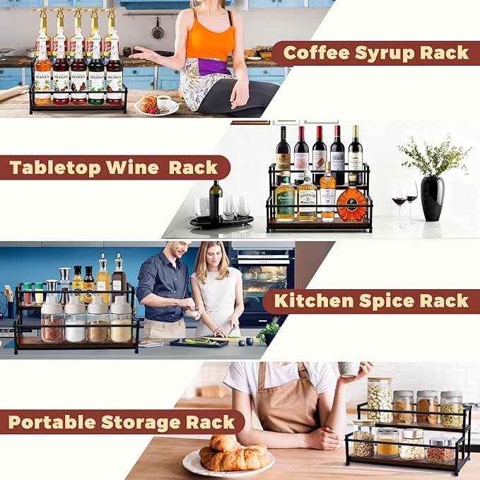 HRUSGO Coffee Syrup Rack Organizer - Metal Bottle Holder for 10 Bottles – Rustic Countertop Display Shelf for Coffee Bar, Kitchen Cabinet, Pantry Storage for Syrups, Liquor, Spice, Tea & Wine (2-Tier)