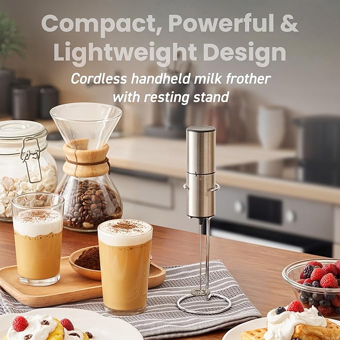 Elite Gourmet EMF9SS Cordless, Battery Operated, Milk Frother, Power Button, Food Grade Stainless Steel Whisk, Vertical Stand, Lattes, Cappuccinos, Matcha, Hot Chocolate, Iced Coffee, Stainless Steel