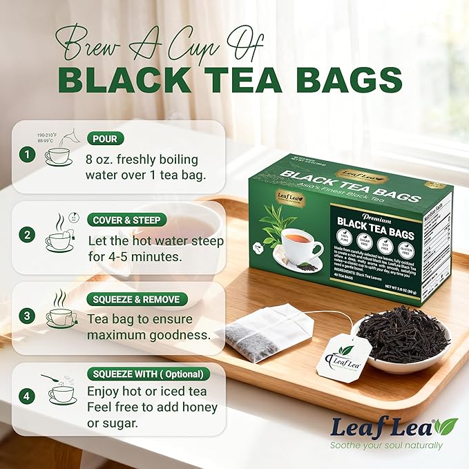 LeafLea 40 Black Tea Bags, Premium Full-Bodied Black Tea Leaves, Strong Robust and Flavoury, Digestive Ease & Natural Alertness with Caffeine, Sugar-Free, Vegan, Individually Wrapped